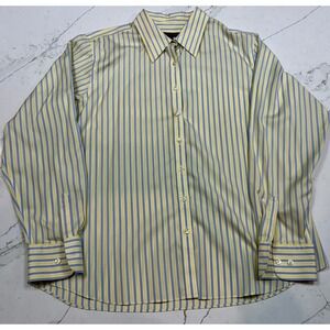 Lands End Womens Yellow Blue Striped Long Sleeve Button Down Shirt Size 14